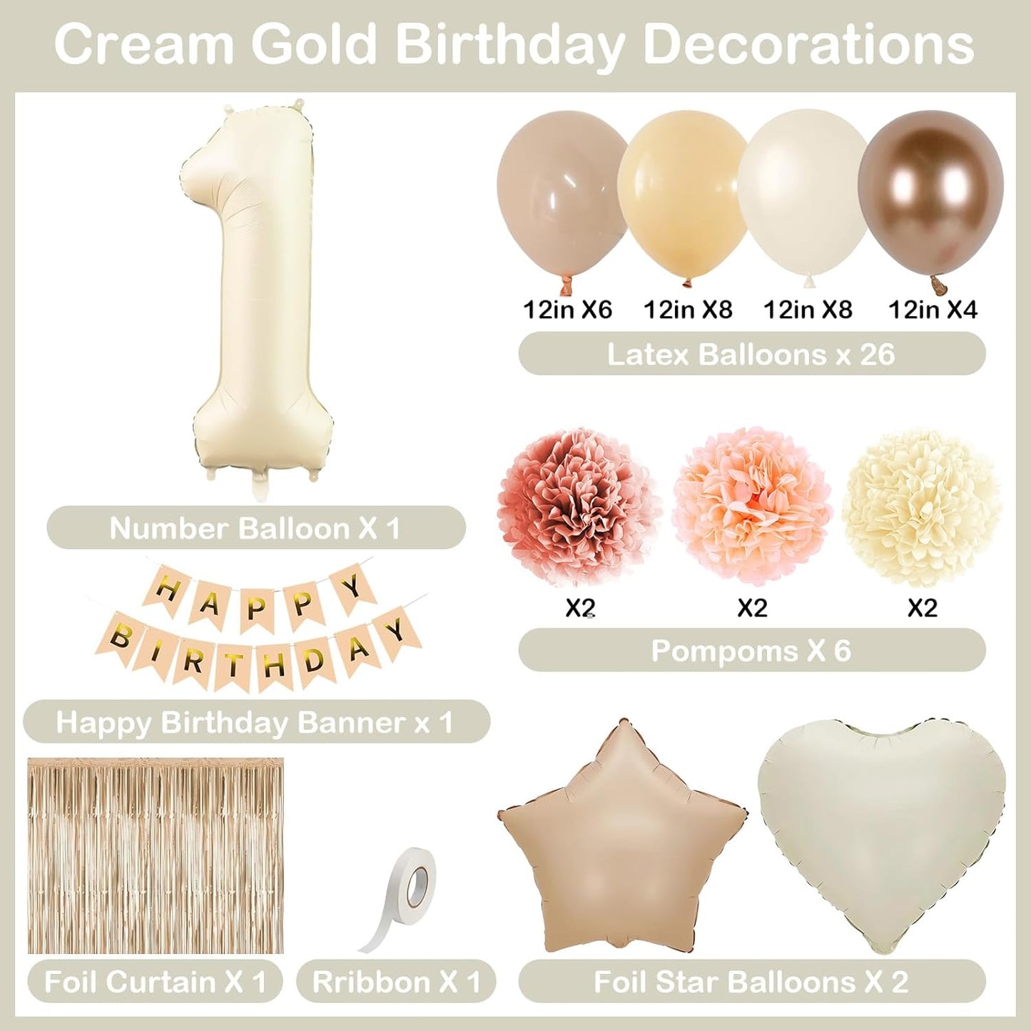 Beige 1st Birthday Decorations Cream Number 1 Balloon Nude Gold Happy Birthday Banner Fringe Curtain Paper Pom Poms Blush White Sand Champagne Star Foil Balloons Neutral Boho Party Decor