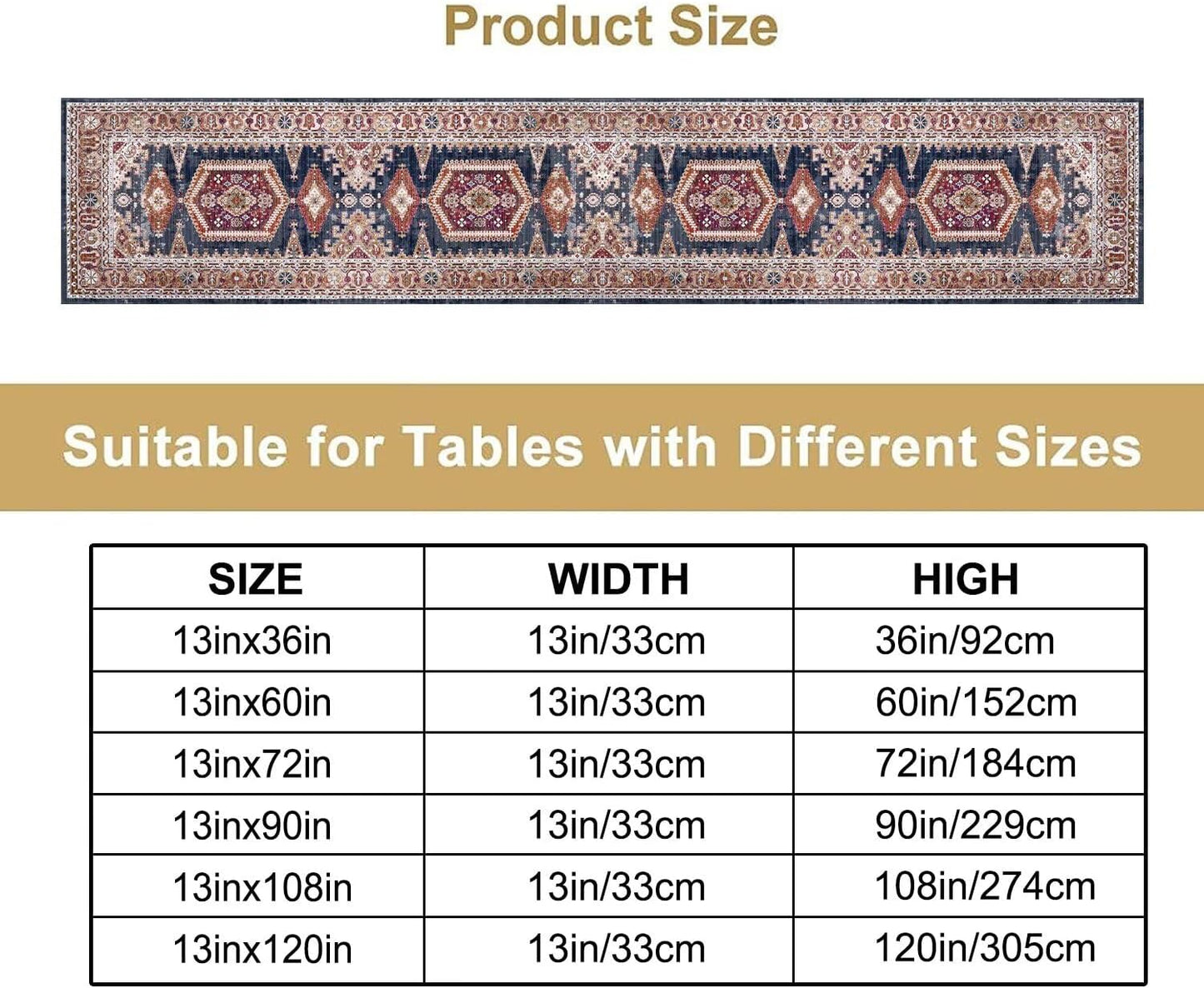 Vintage Boho Table Runner,Flower Geometric Design Rustic Farmhouse Table Runner for Home Farmhouse Kitchen Table Dining Coffee Room Garden Party Wedding Decor 13x72in