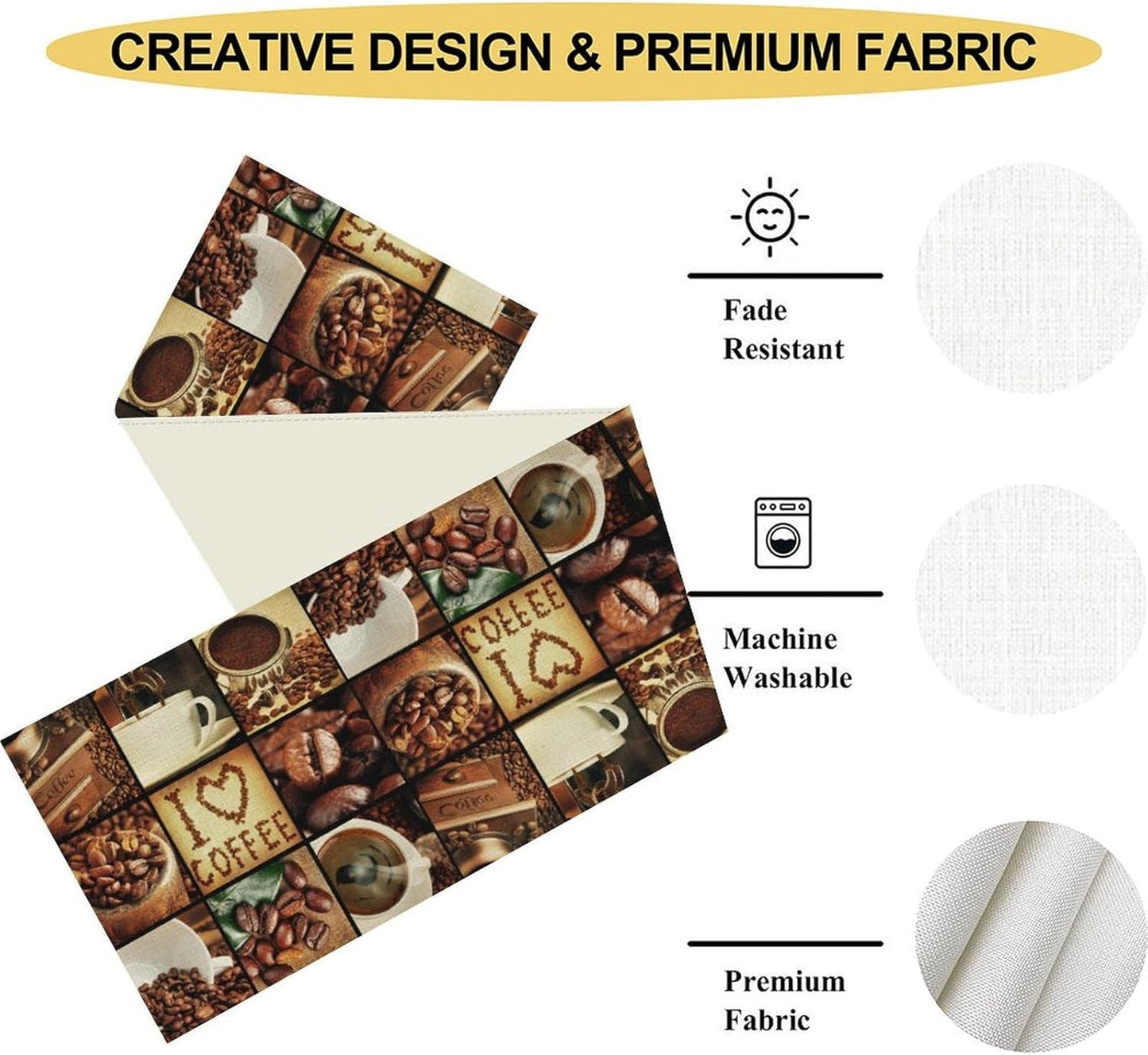 Coffee Theme Table Runner, Retro Farmhouse Coffee Cup Latte Cappuccino Tea Party Cafe Table Center Decor for Home Kitchen Dining Patio Holiday Party Indoor Outdoor Table Decorations,13"x72" Inch