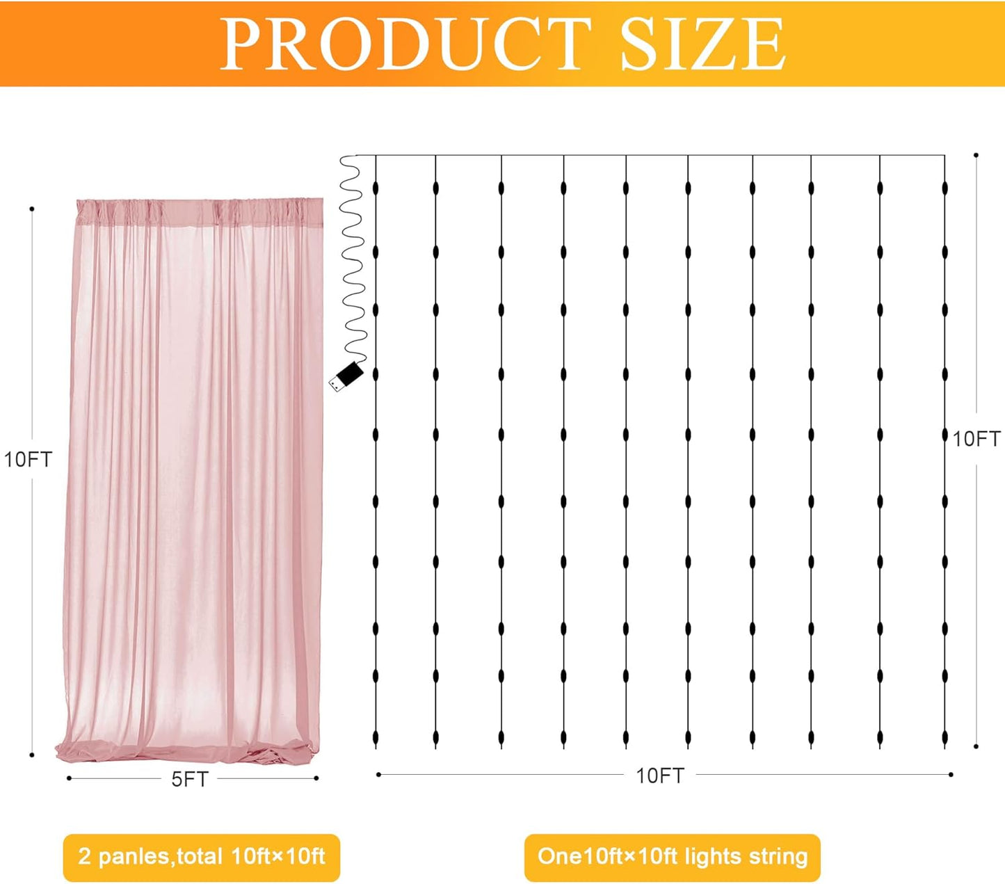 Fomcet Dusty Rose Tulle Backdrop Curtains with Lights String 10FT X 10FT Sheer Curtains with Lights Tulle Curtain Backdrop for Wedding Birthday Party Photo Shoot (2 Panels 5x10FT)