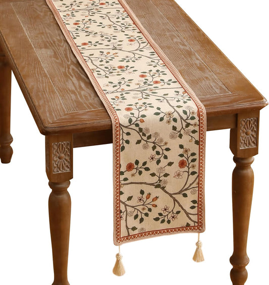 ISAENNE Designer Elegant Linen Floral Extra Long Table Runner 118 Inches,Farmhouse Light Beige Durable Decor Table Runners for Dining Tables,Thanksgiving,Kitchen Tables,Christmas,12"*118"-Flora A