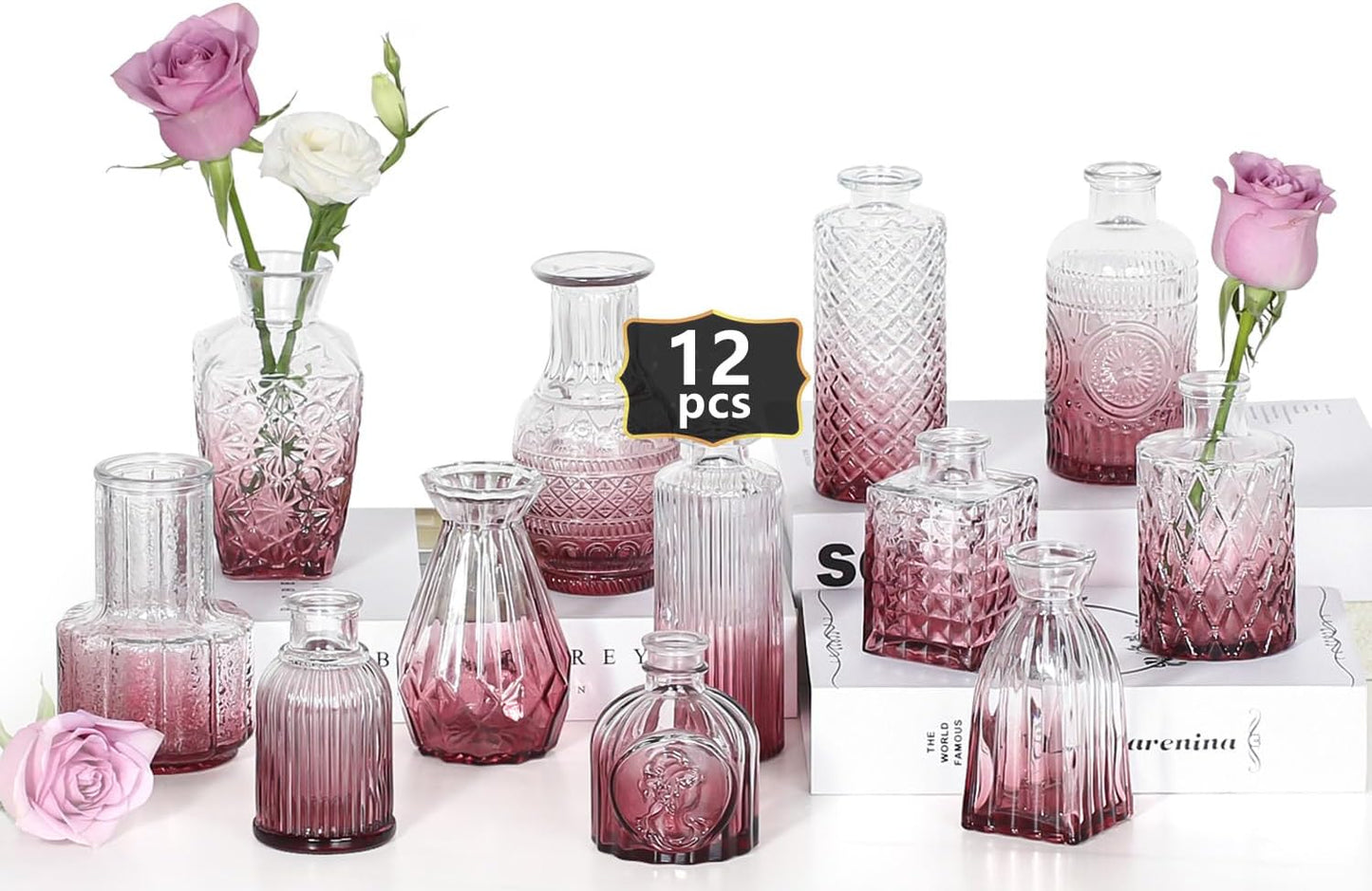 Mini Bud Vases Set of 12 As Wedding Centerpieces for Tables,Clear Bud Vases for Flowers,Small Flower Vases Suitable for Birthday Party,Anniversary,Wedding Reception,Baby Shower (Purple)