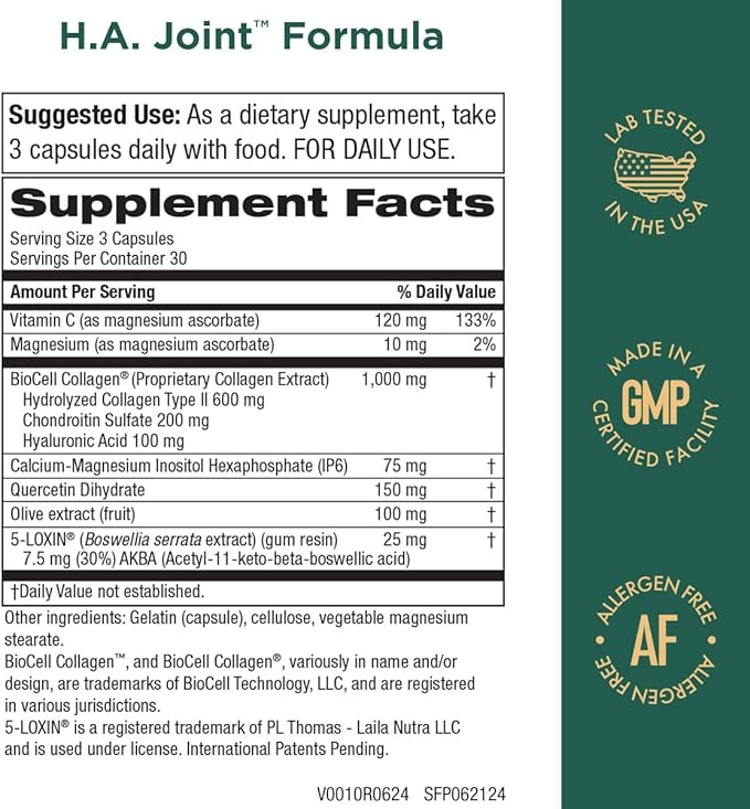 Purity Products HA Joint Formula Hyaluronic Acid + Key CoFactors - Joints + Skin Multi Collagen (Type I, II & III) - 5-Loxin - Olive Fruit Extract - Joint Flexibility + Mobility - 90 Caps