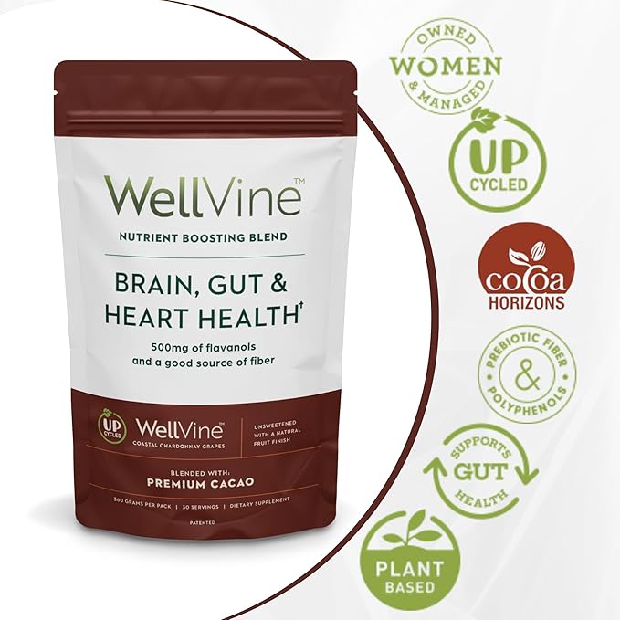 Nutrition Boosting Blend Supplement Powder for Brain, Gut & Heart Health | 100% Upcycled Chardonnay Grapes with Cocoa Flavanols| Plant-Based, Gluten and Allergen-Free for Men & Women | 12.7Oz