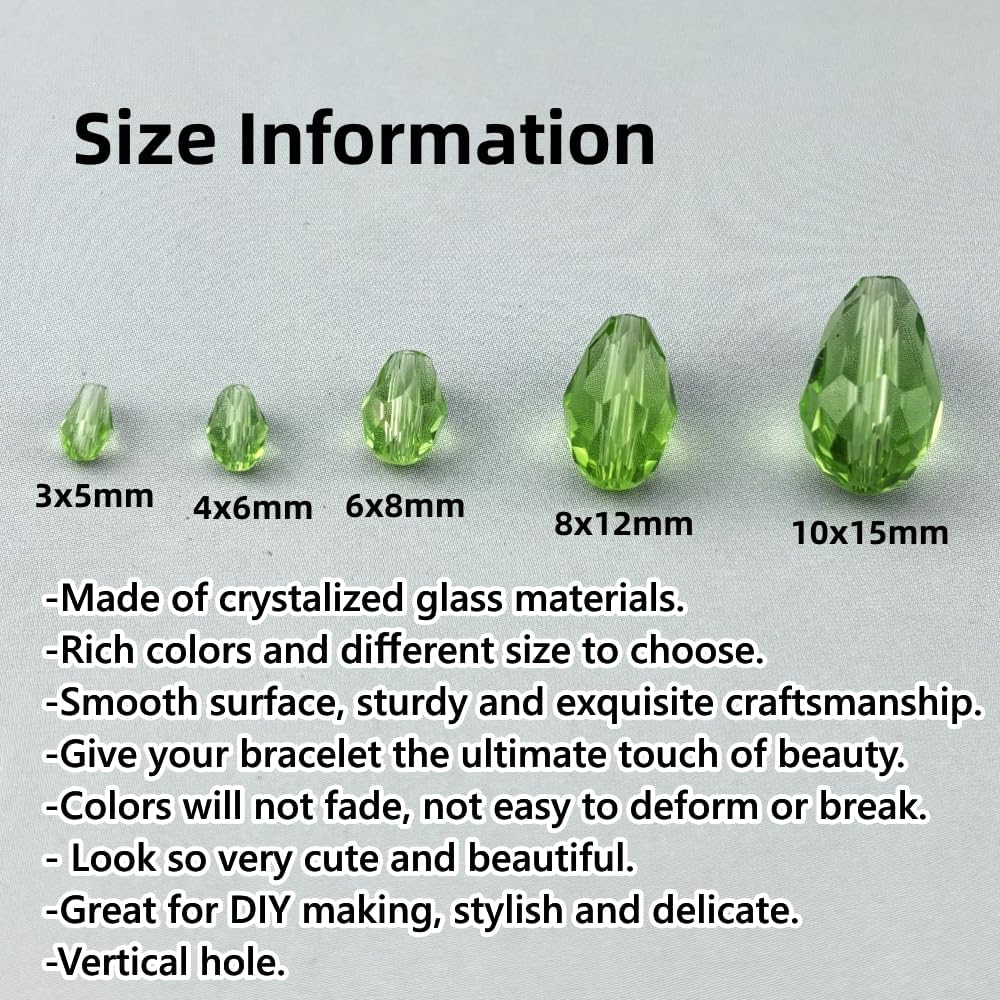 130pcs 6x8mm Teardrop Crystal Glass Beads for Jewelry Making, Faceted Vertical Hole Teardrop Glass Spacer Beads for Wind Chimes Bracelet Earring Necklace DIY Craft(Light Green)