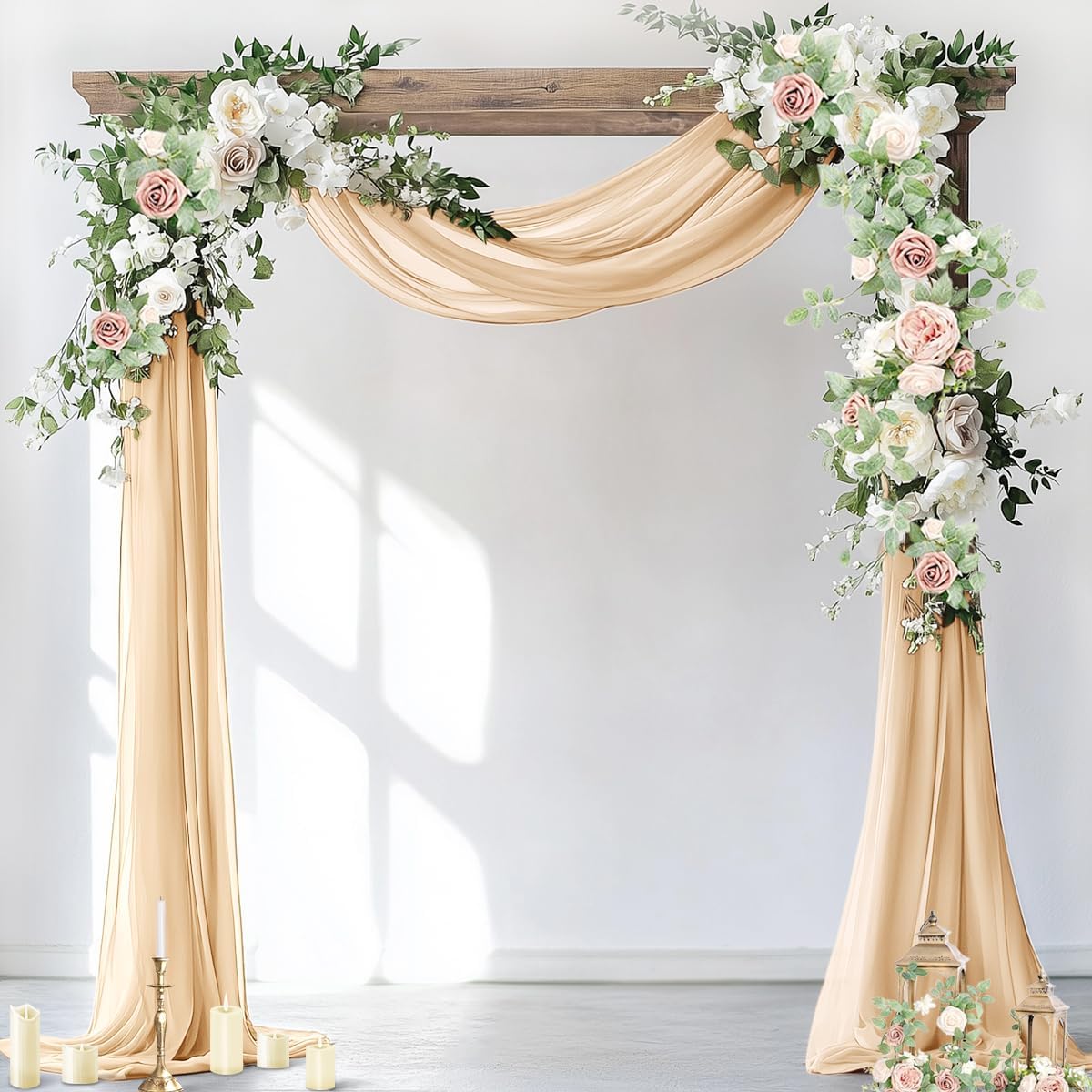 Socomi Wedding Arch Draping Fabric 2 Panels 29" x 19Ft Champagne Sheer Chiffon Curtain Drapes 6 Yards for Wedding Ceremony Birthday Party Decoration