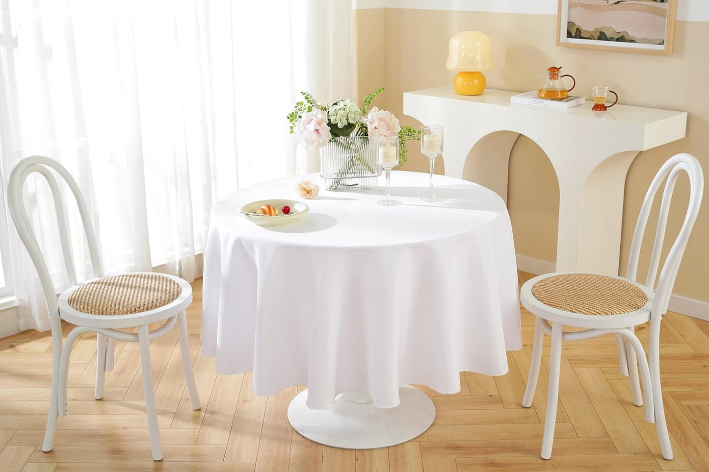 Craft And Party Round Tablecloth, 70 Inch White Tablecloth, Polyester Fabric Washable Table Cloth for Home, Party, Wedding or Restaurant Use.