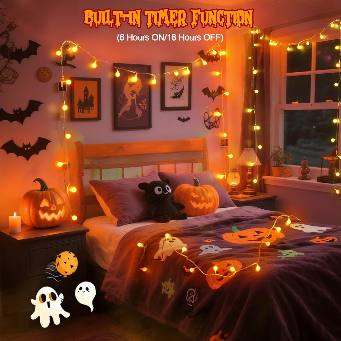 Connectable Orange Halloween Lights Outdoor Indoor - 43FT 100LED Globe String Lights Plug in with Timer, 13 Modes Fairy Light Waterproof for Party Halloween Decorations Bedroom Decor