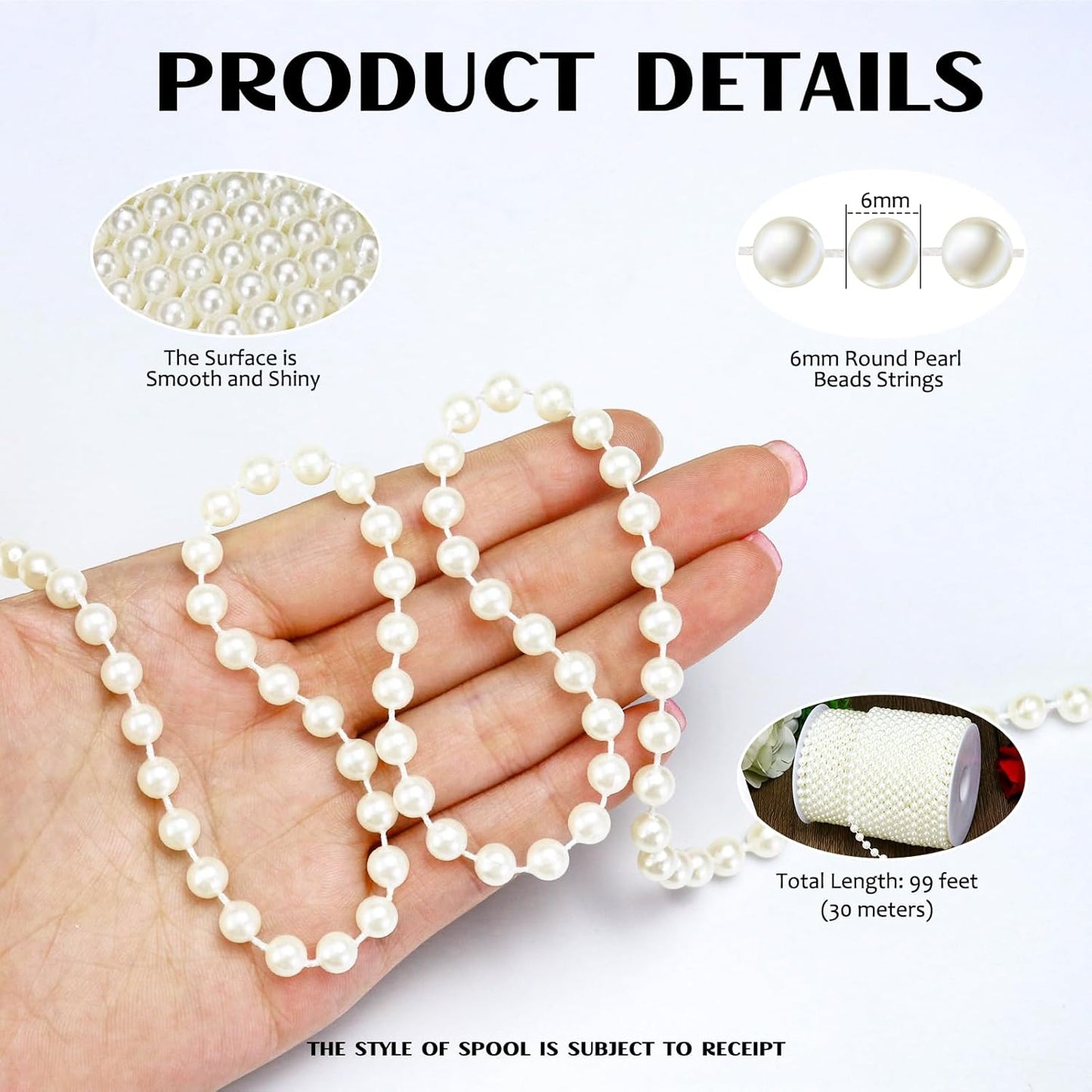 99 Feet 6mm Pearl Strings Garland for Crafts, Artificial Pearl Beaded Trim Chain Roll Strands for Wedding Centerpieces Bouquet Party Decoration Christmas Tree Garland, Ivory