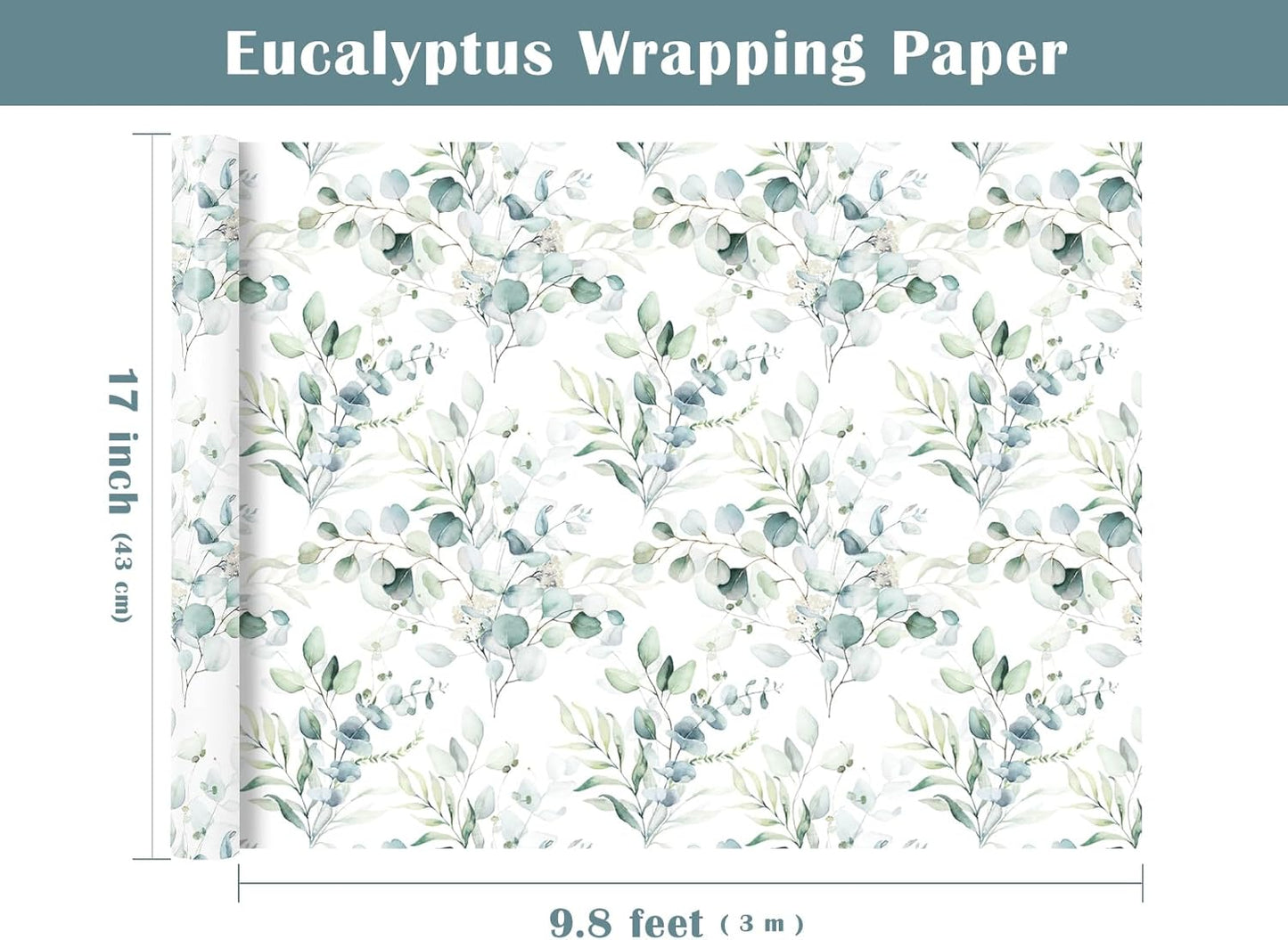 WRAPAHOLIC Eucalyptus Leaves Wrapping Paper Roll - Mini Roll - 17 Inch x 9.8 Feet - Eucalyptus Greenery Wrapping Paper Perfect for Birthday, Wedding, Bridal Shower