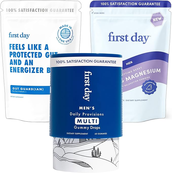 FIRST DAY Men’s Wellness Bundle with Multivitamins, Tribiotics & Calming Magnesium Gummies – Supports Nutrition, Immune & Digestive Health, Balanced Mood & Energy – 30-Day Supply