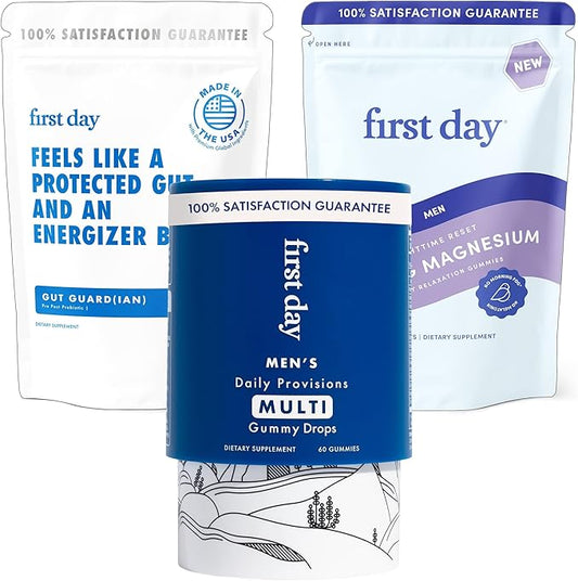 FIRST DAY Men’s Wellness Bundle with Multivitamins, Tribiotics & Calming Magnesium Gummies – Supports Nutrition, Immune & Digestive Health, Balanced Mood & Energy – 30-Day Supply
