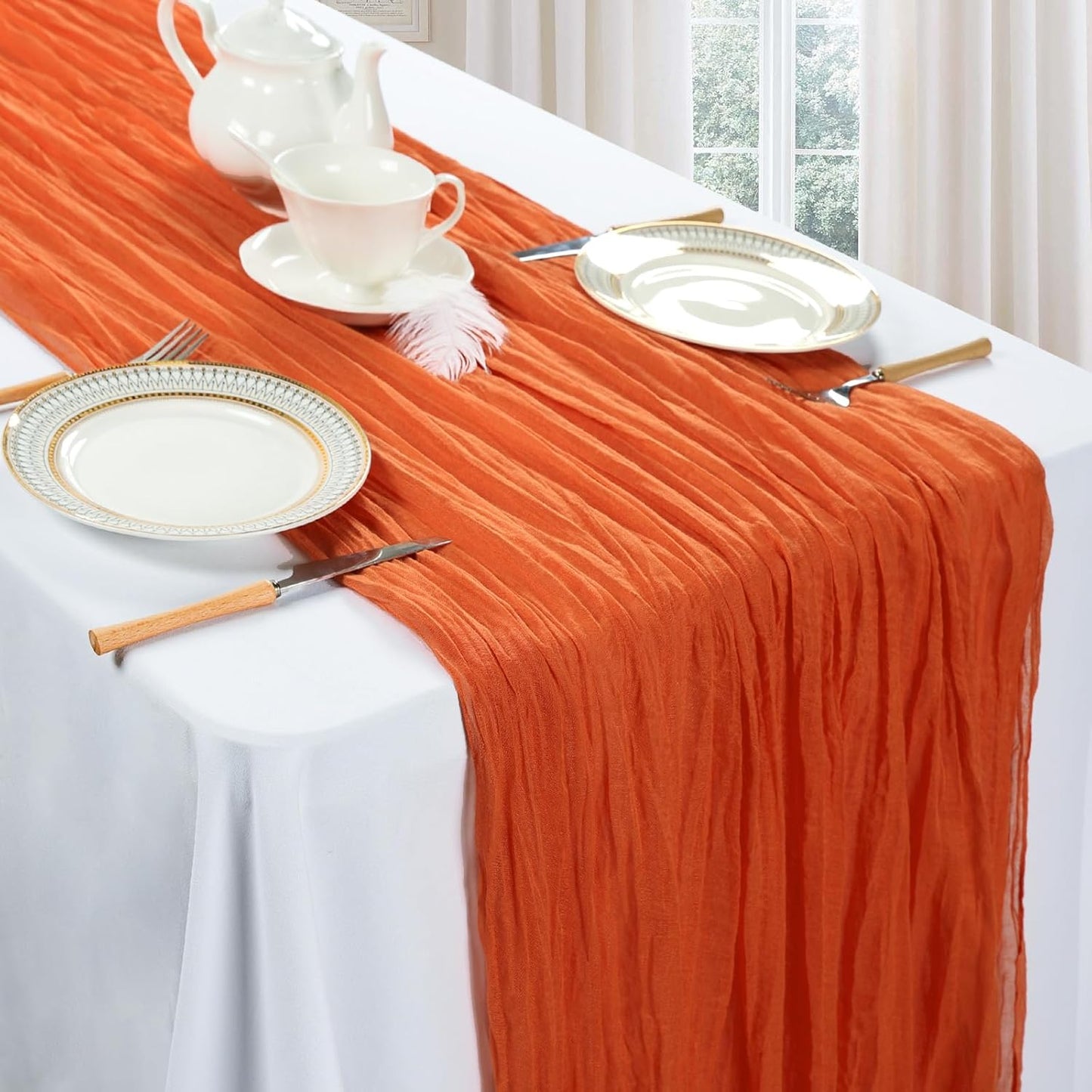 12 Pack Fall Thanksgiving Table Runner Orange 10ft Boho Gauze Fabric Cheesecloth Table Runner 35 x 120 Inch Rustic Sheer Runner for Wedding Home Décor Halloween Party Table Centerpiece Decorations