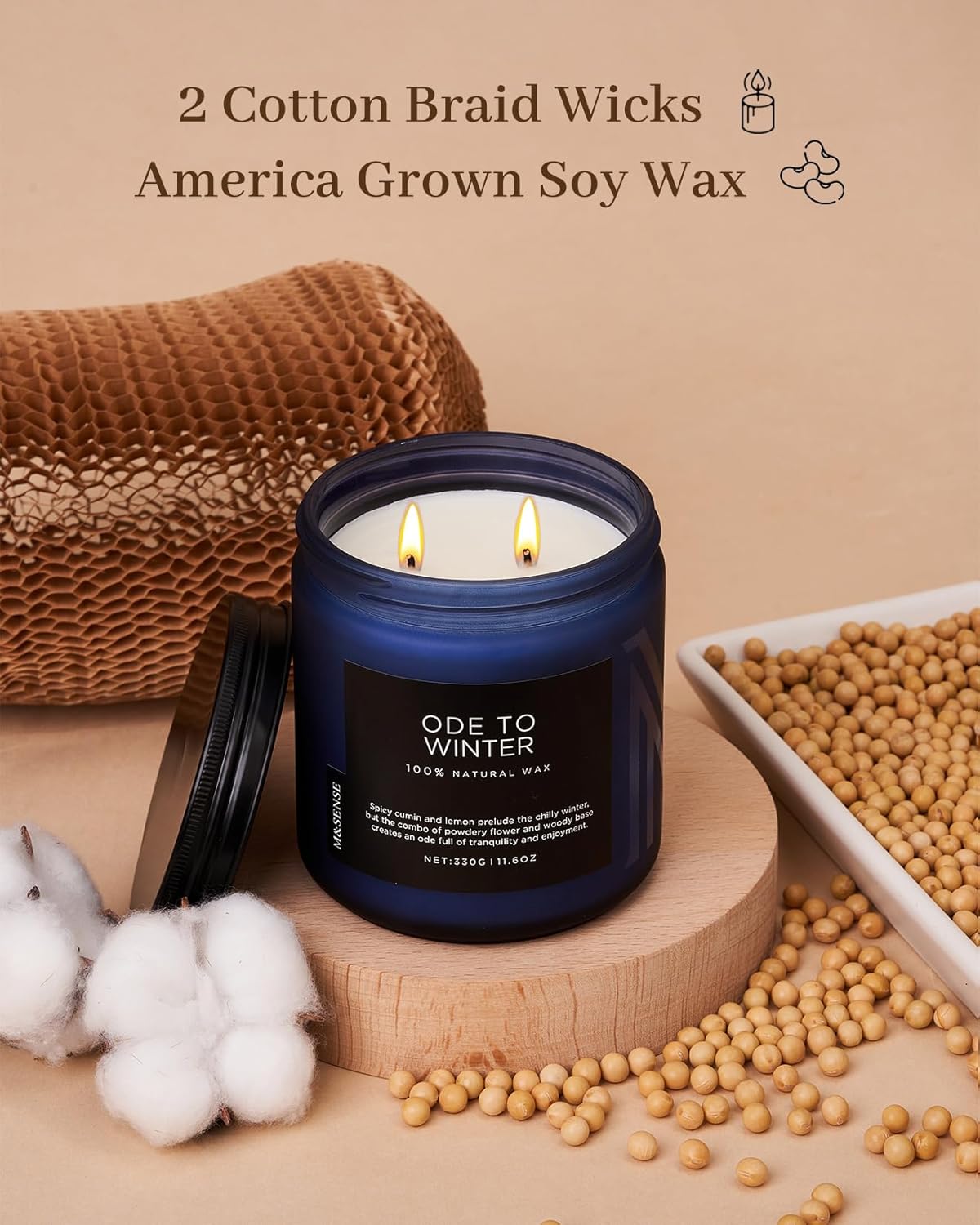 M&SENSE Ode to Winter - Lavender Sandalwood Scent 11.6oz Natural Soy Wax Non Toxic Candle, Up to 70 Hours Burn Time Winter Scents, 2 Cotton Wick Jar Candle Home Scented Gift
