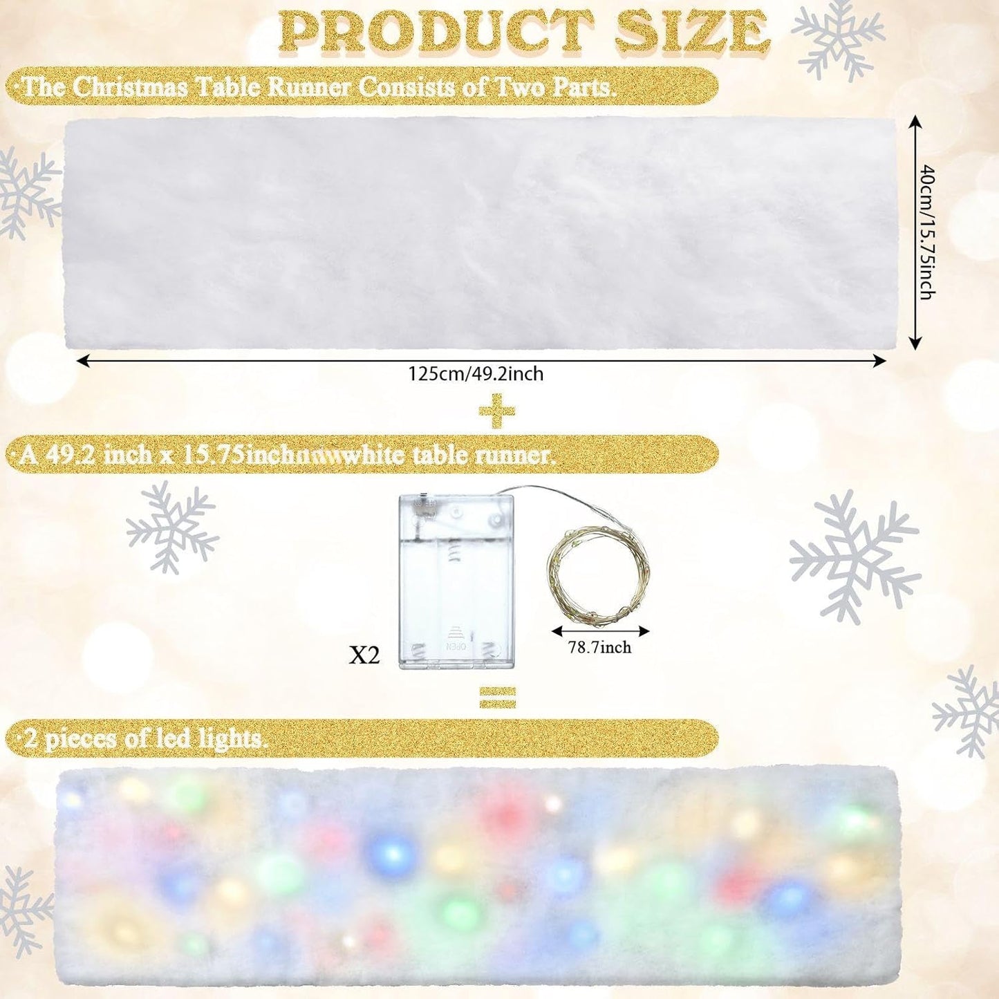 Jetec LED Christmas Fake Snow Blanket with Lights Artificial Snow Blanket with 2 Pcs LED Lights Lighted Snowflake Table Runner for Christmas Tree Village Display Winter Party Decor(15.75''x 49.21'')