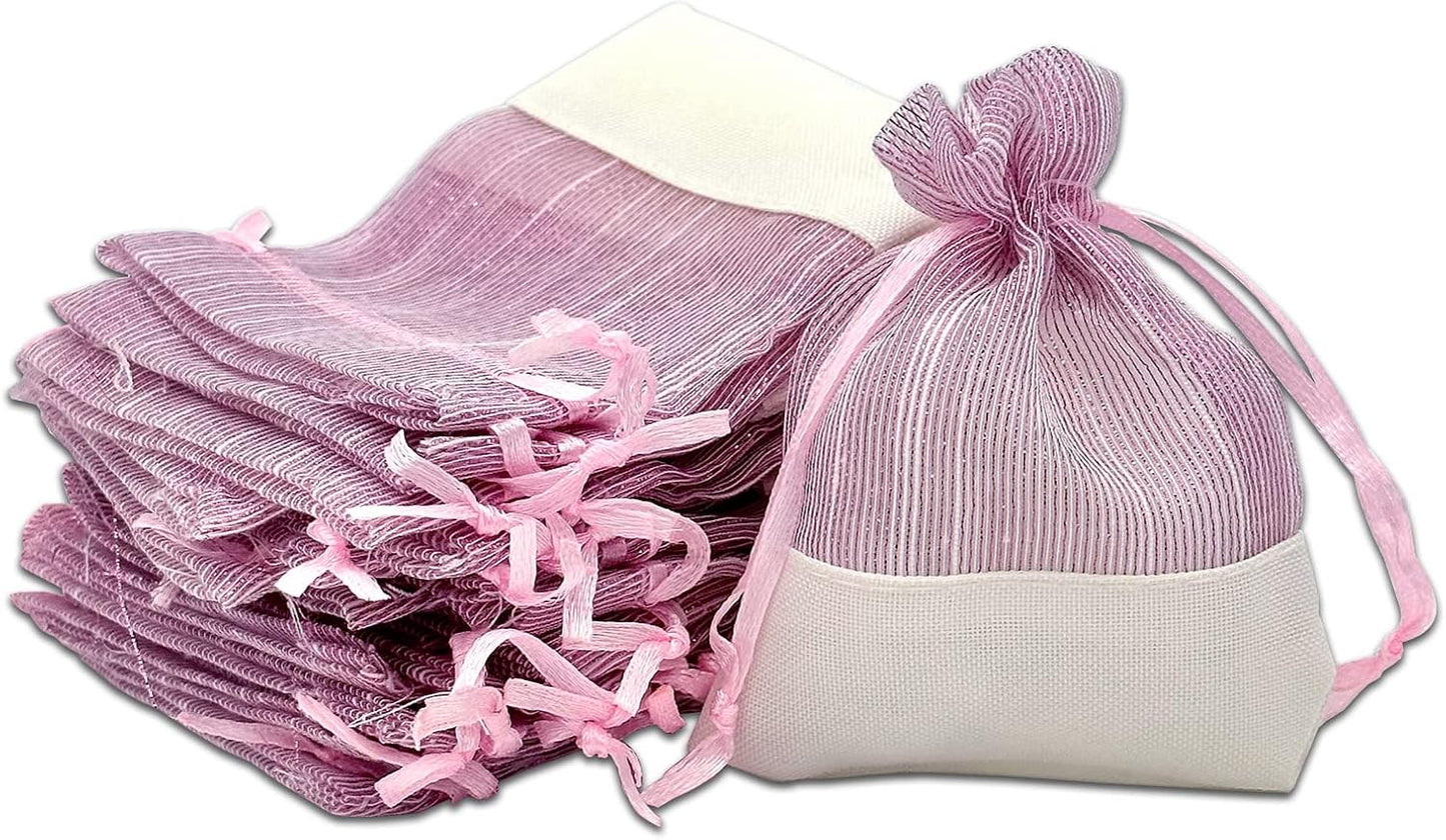 TheDisplayGuys For Your Modern Living 24-Pack Linen & Pink Organza Gift Bags with Drawstrings (XSmall 3 x 4) - Party Favors, Samples, Treats Mesh Pouches