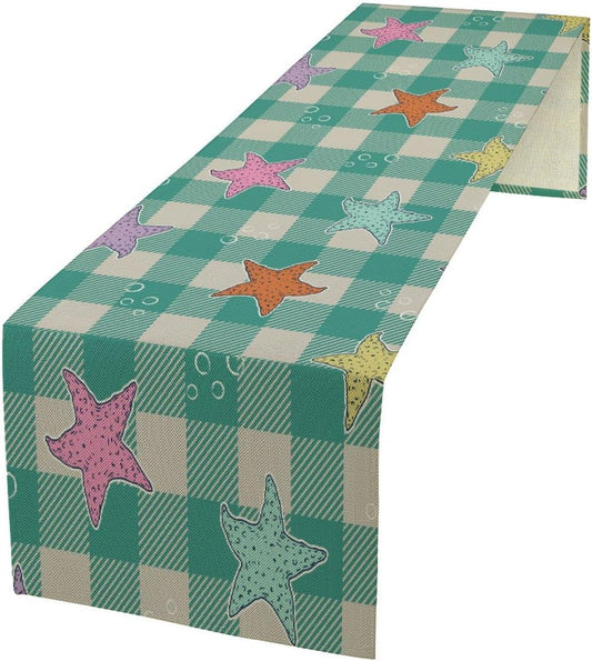 Starfish Plaid Table Flag Green Plaid and Marine Life Starfish Kitchen Table Flag Suitable for Birthday Party Restaurant Decoration Outdoor Picnic 13x36 Inch