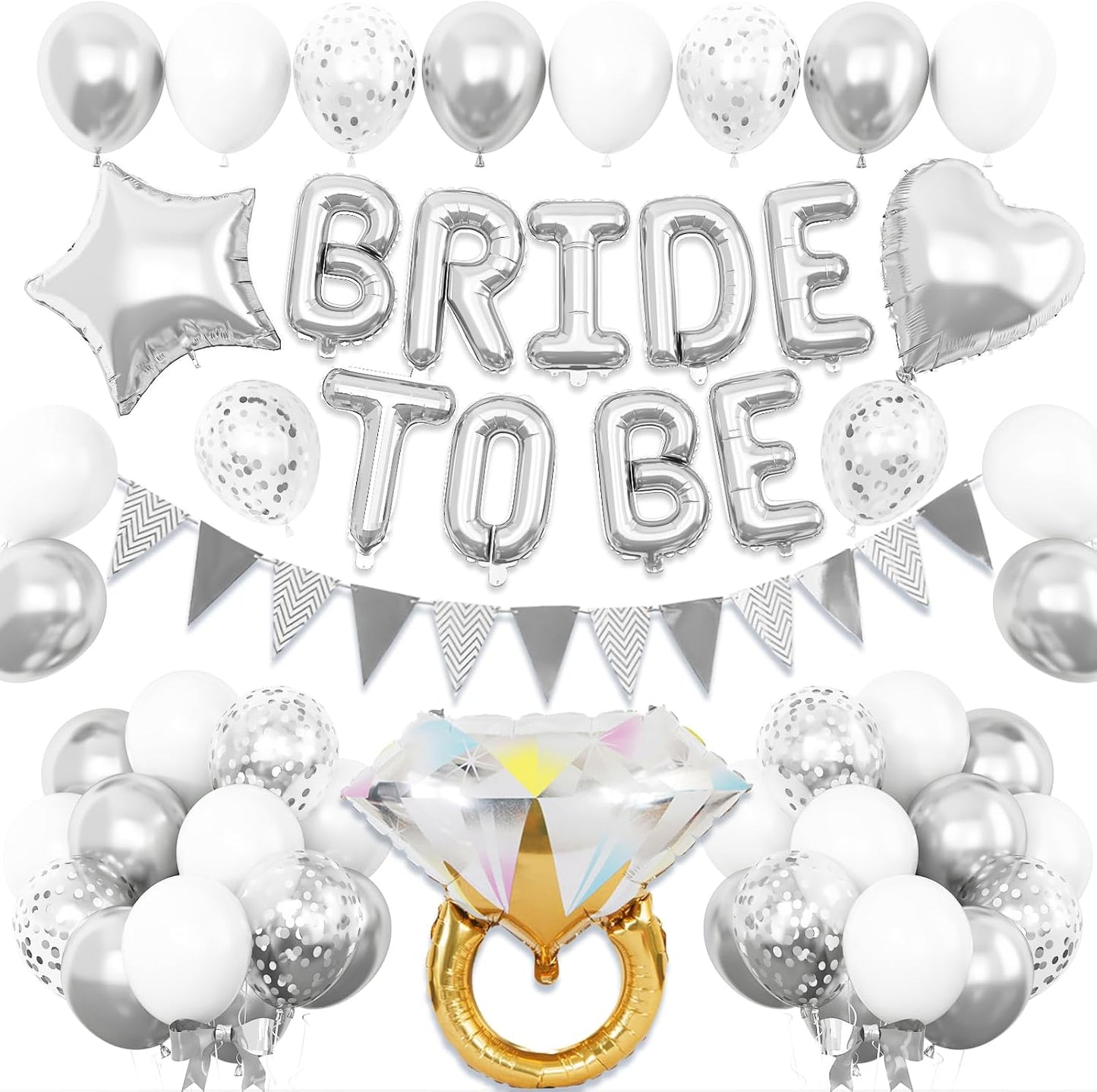 Silver Bachelorette Party Decorations, Silver Bride To Be Bridal Shower Balloons Decorations, Metallic White Balloon with Diamond Ring Star Heart Balloon for Bachelorette Engagement Wedding