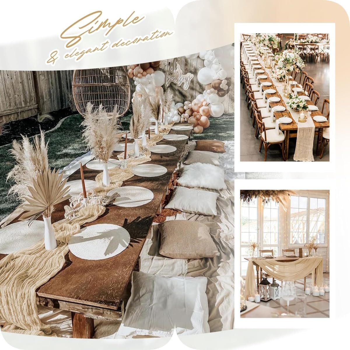 6 Pack Beige Cheesecloth Table Runner 23x120 inch Rustic Boho Gauze Table Runner 10 FT Long Sheer Cheese Cloth Fabric Table Runners for Romantic Wedding Bridal Shower Birthday Party Decor