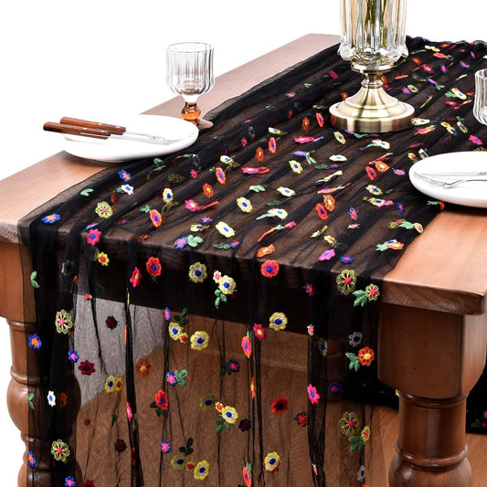 Joanlody Black Embroidery Daisy Fall Thanksgiving Table Runner 10ft Florals Seasonal Tulle Table Runner Holiday Kitchen Dining Table Decoration for Home Party Indoor