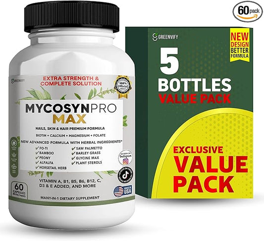 Mycosyn Pro Max Hair Skin Nails Supplement, 60 Capsules, 30 Day Supply, with Biotin 5000mcg, Vitamins A B C D E, Minerals (5)