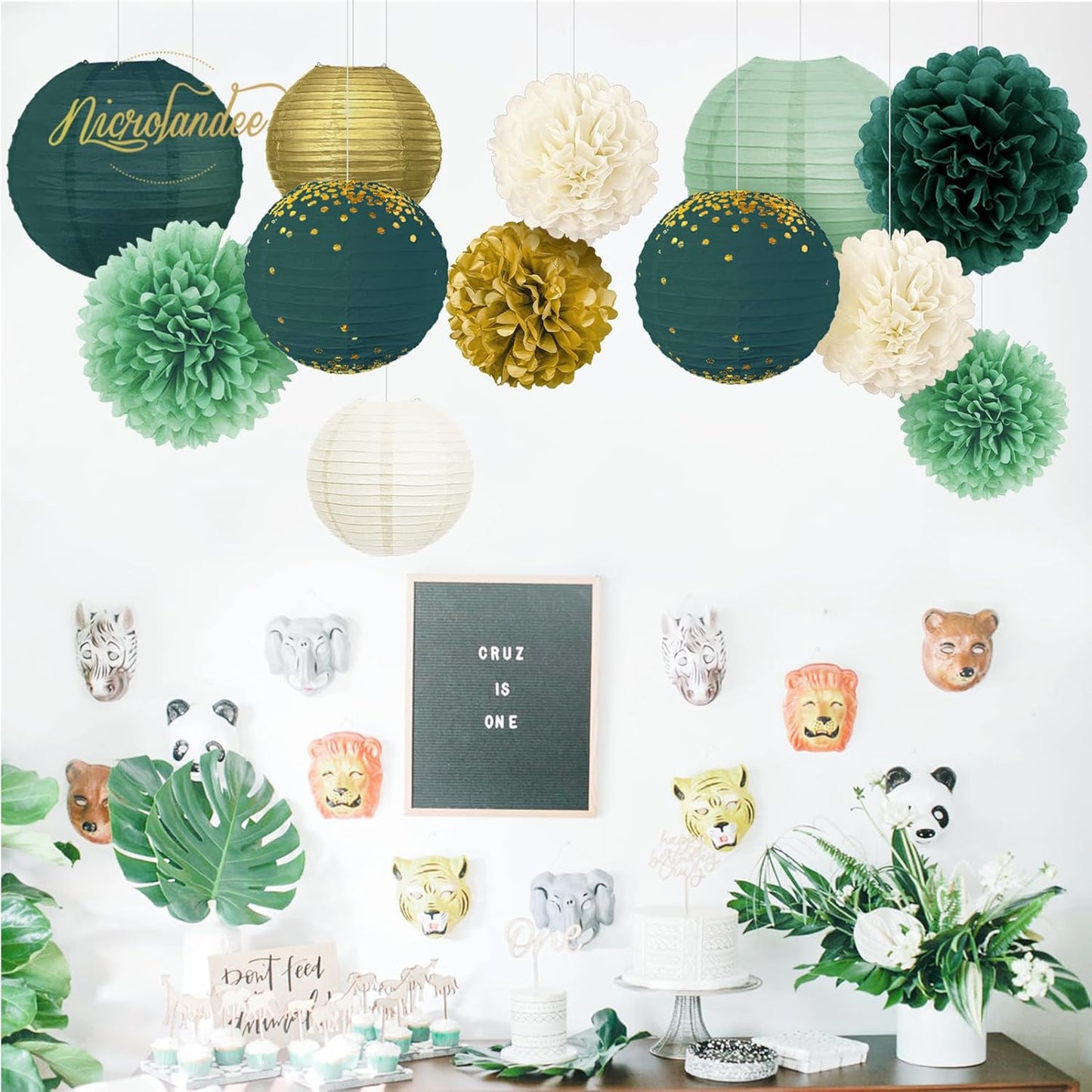 NICROLANDEE Wedding Decorations, 12PCS Hanging Paper Lanterns Tissue Pom Poms Emerald Green Backdrop Decor for Bridal Shower Birthday Baby Shower Green Theme Party Supplies