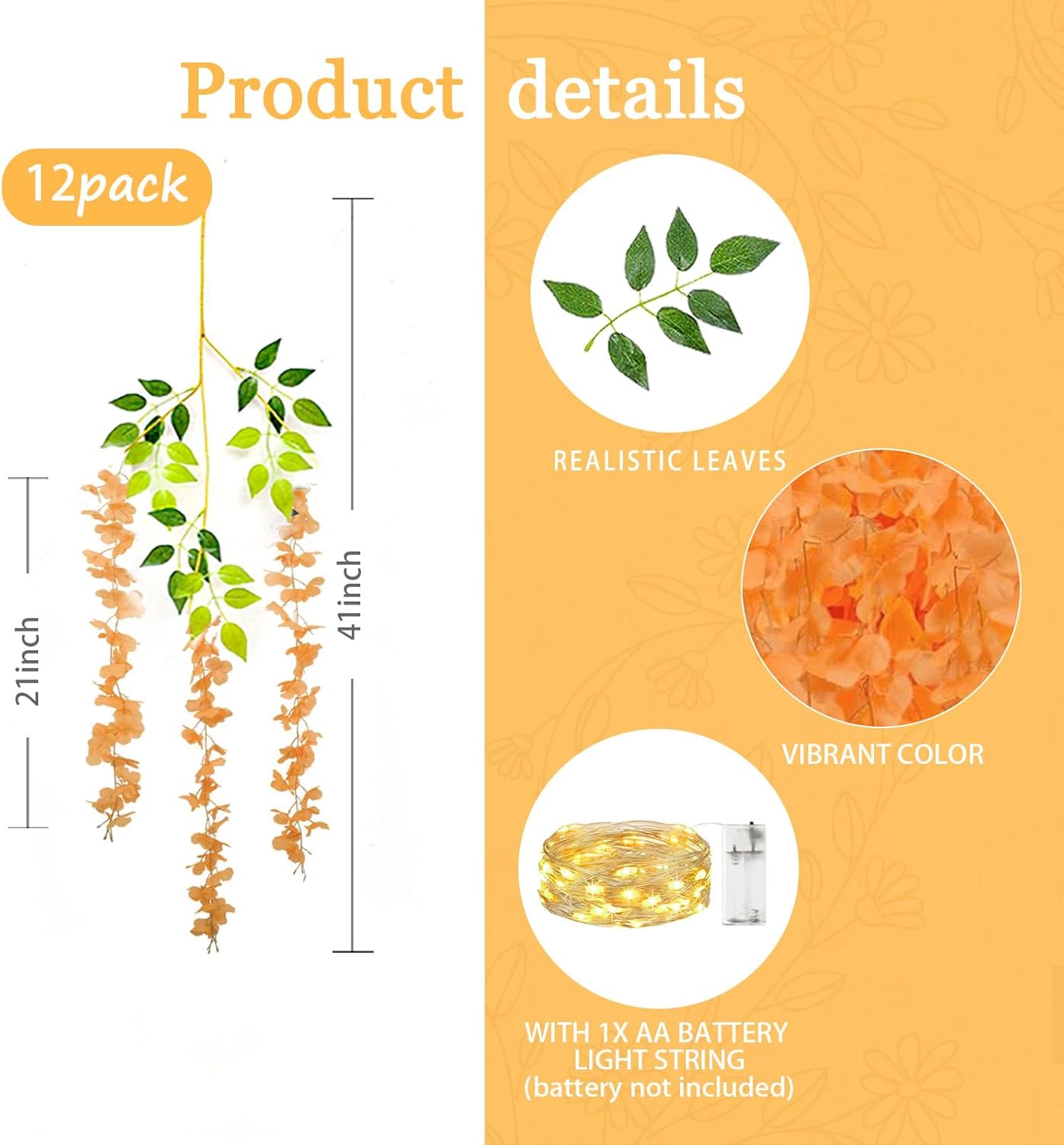 12 Pack Orange Wisteria Hanging Flowers Garland with Lights, 3.44 Feet Artificial Flower Vines, Fake Wisteria, Artificial Vines Hanging Garland for Backdrop Outdoor Patio Garden Decor