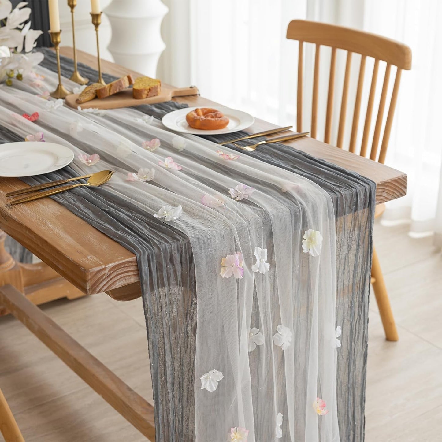 Romantic Artificial Floral Table Runner 10ft Gauze Tulle Lace Table Runner Set for Wedding Baby Shower Bridal Shower Holiday Kitchen Dining Table Decoration for Home Party Special Occasion