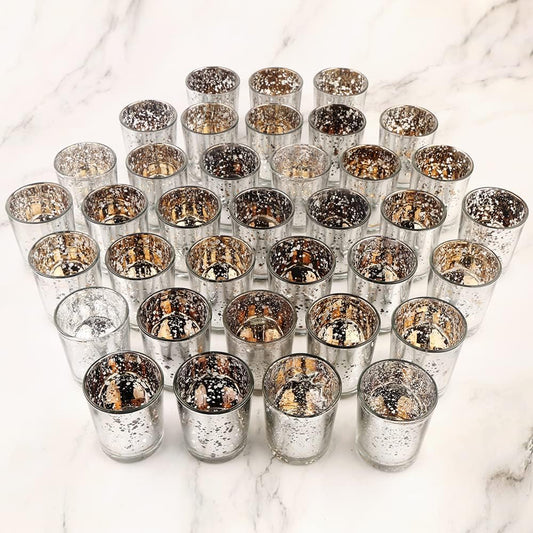 Silver Mercury Glass Tea Light Holders Set of 36 - Elegant Votive Candle Holders for Weddings, Showers and Home Decor - Perfect for Table Centerpieces and Parties (Glass, Silver)