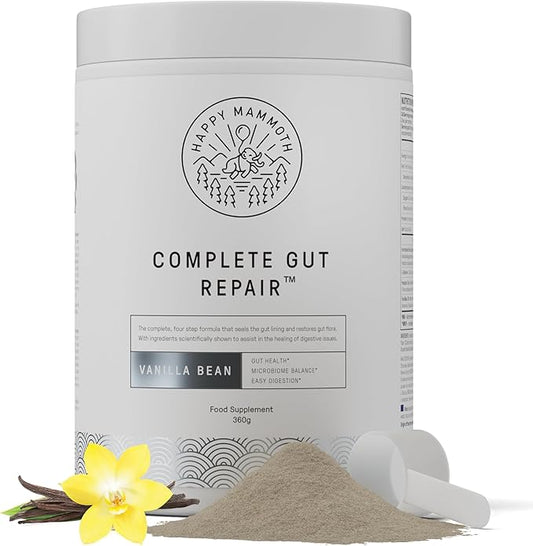 Happy Mammoth Complete Gut Repair Probiotic, Prebiotic, Fiber & Collagen Supplement for Gut Health, Digestion, Healthy Gut Microbiome, Reduces Constipation & Bloating 24 Servings, Vanilla Flavor