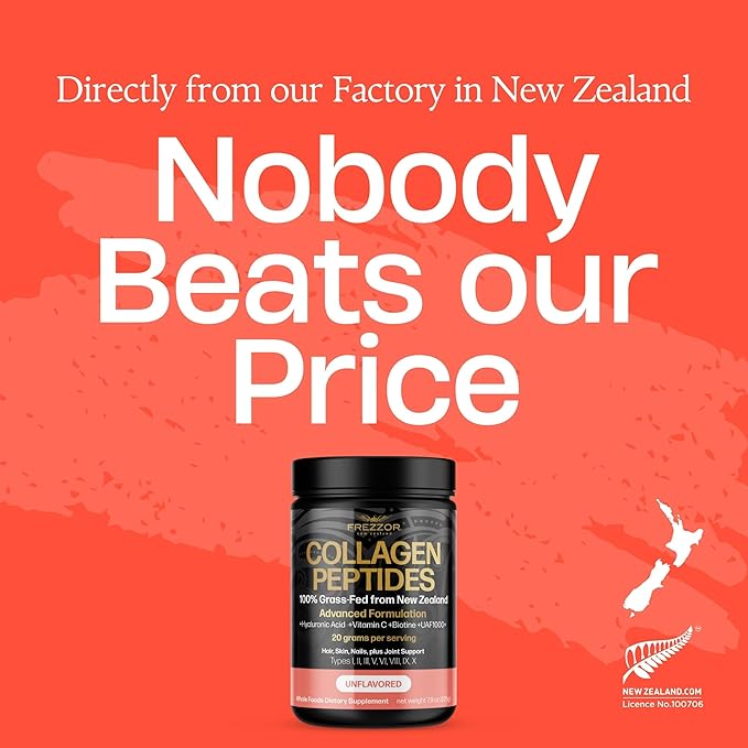 FREZZOR Collagen Peptides Powder, Fine Lines & Wrinkles, Hair & Nails, Supports Youthful Flexibility & Mobility, 100% New Zealand Hydrolyzed Beef Bone Collagen, Unflavored 675g 3 Jars