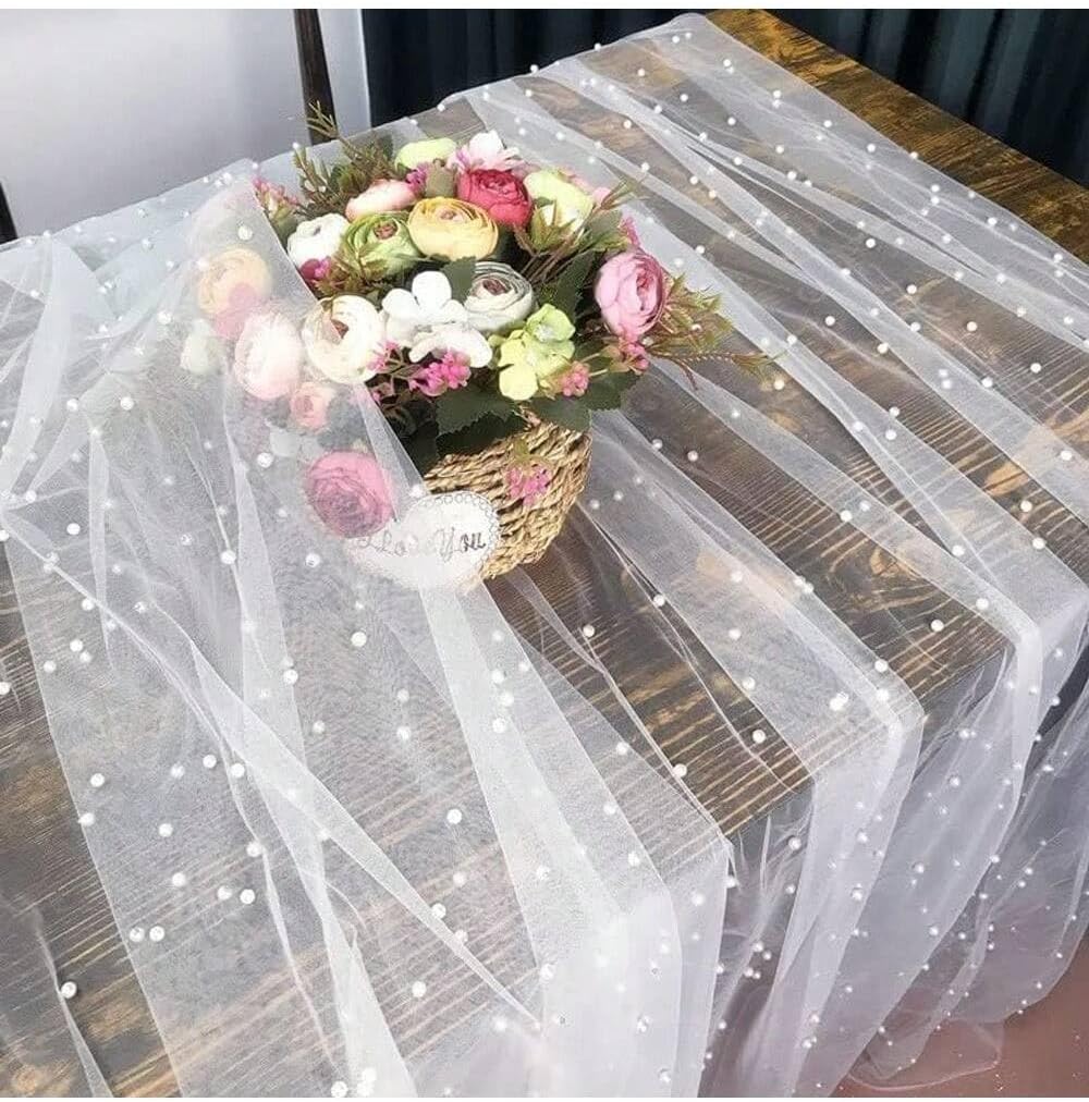 EHLDekol Pearl Table Cloth Elegant Polyester Table Runner with Artificial Pearl Accents Extra Long 10 ft 60 x 120 Inches Pearl Tulle Table Runner for Wedding (60inch Width, White, 1 Piece)