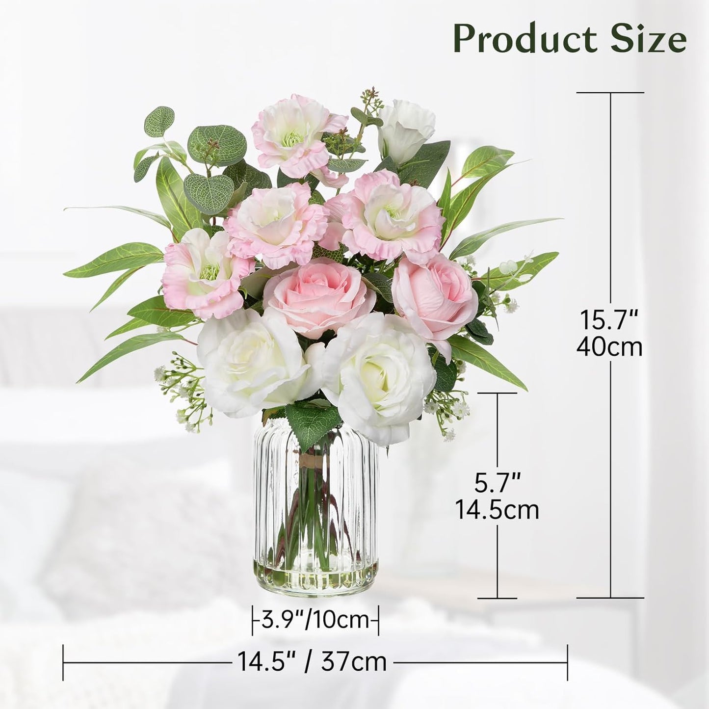 Hollyone Fake Flowers in Vase with Faux Water Artificial Silk Rose Flowers Arrangement with Eucalyptus Plants with Vase Faux Silk Rose Flowers Bouquets Table Centerpieces Office Bathroom Home Decor
