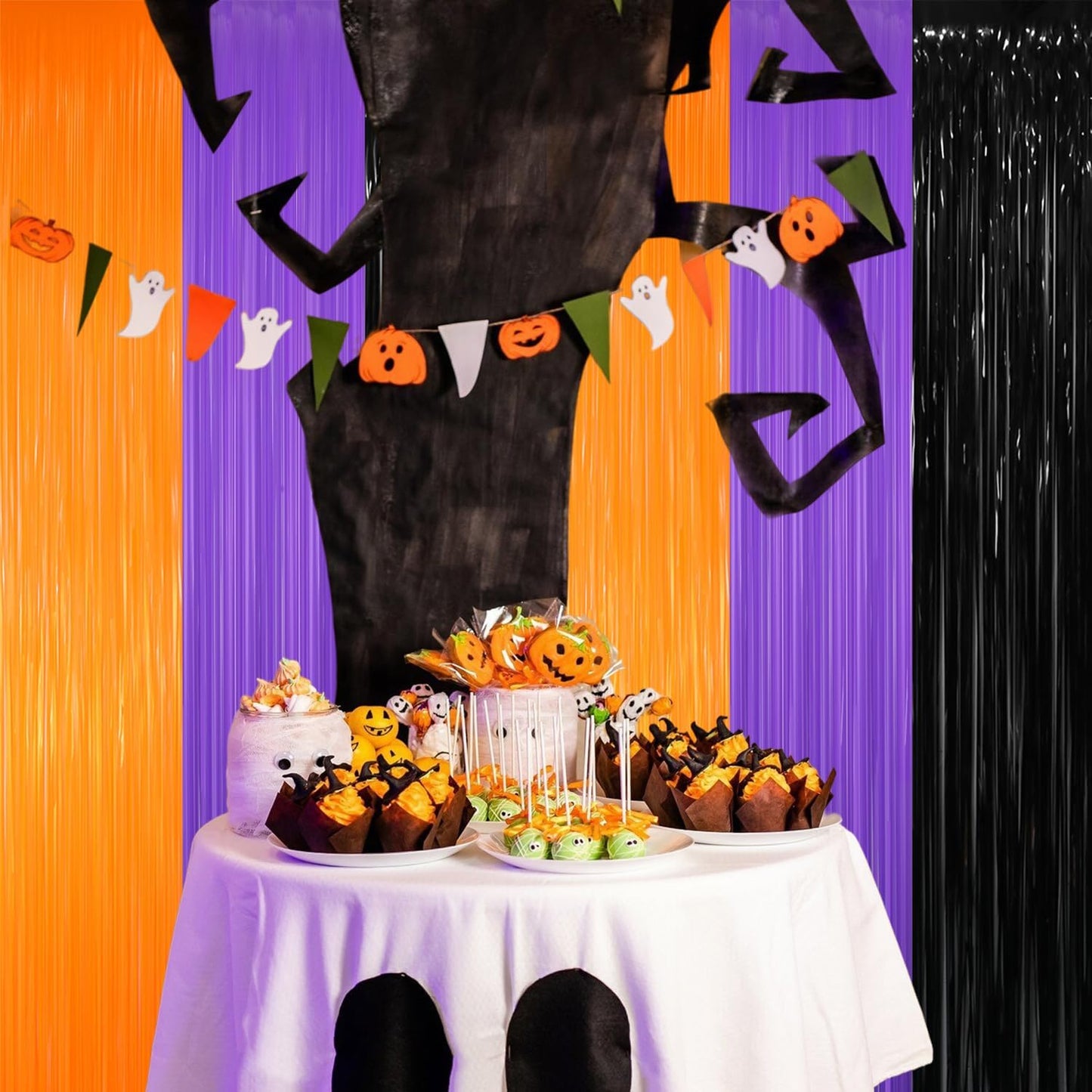 GOER 3.2 ft x 8.2 ft Metallic Tinsel Foil Fringe Curtains for Halloween Birthday Graduation New Year's Party Decorations(1 Pack,Black&Orange&Purple)