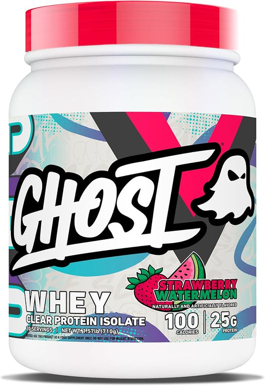 GHOST Clear Whey Isolate Protein Powder, Strawberry Watermelon - 1.57 LB Tub, 25G of Whey Protein - Post Workout Drink for Muscle Gain & Recovery – Sugar Free, Soy Free & Zero Fat, 20 Servings