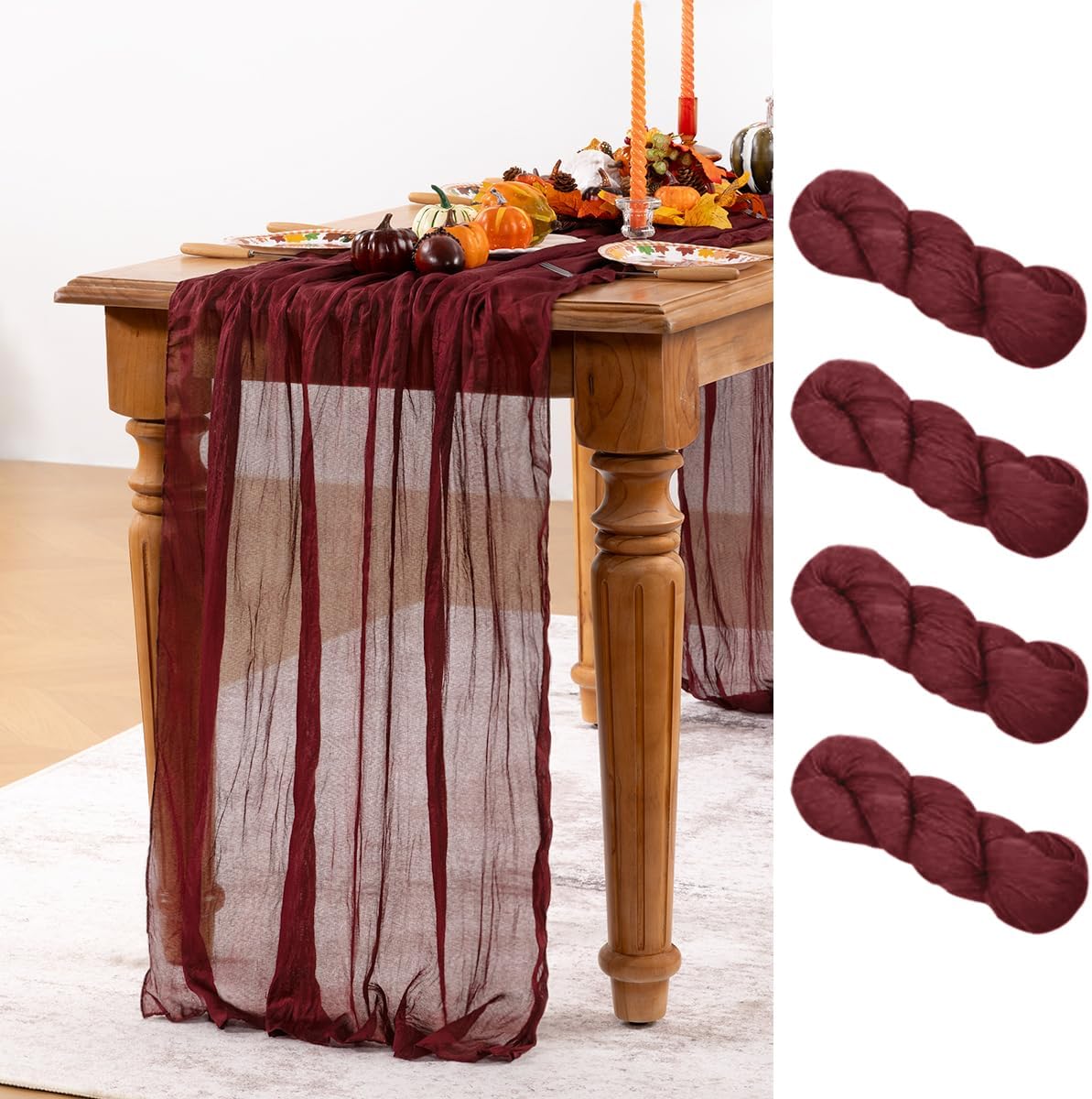 Burgundy Red Cheesecloth Table Runner 4 Pack Fall Table Runners Boho Gauze 120 Inches Red Cheese Cloth Fall Table Decorations for Thanksgiving Christmas Weddings Bridal Shower Candlelight