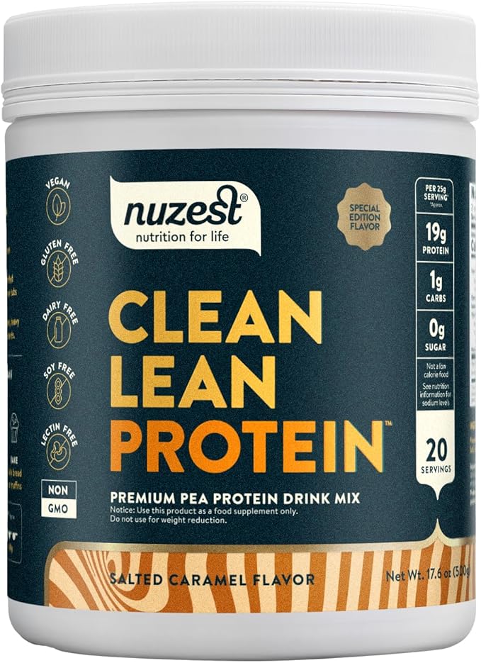 Nuzest - Pea Protein Powder - Clean Lean Protein, Premium Vegan Plant Based Protein Powder, Dairy Free, Gluten Free, GMO Free, Protein Shake, Salted Caramel, 20 Servings, 1.1 lb