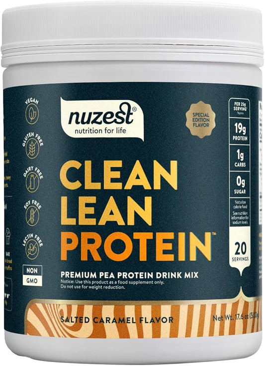 Nuzest - Pea Protein Powder - Clean Lean Protein, Premium Vegan Plant Based Protein Powder, Dairy Free, Gluten Free, GMO Free, Protein Shake, Salted Caramel, 20 Servings, 1.1 lb