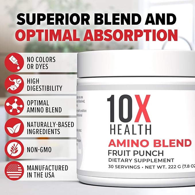 10X Health Amino Blend Pre Workout Powder for Men - Fruit Punch Flavor - EAA & BCAA Powder Amino Acids Supplement for Energy, Muscle Strength & Performance – Pre and Post Workout - 30 Servings