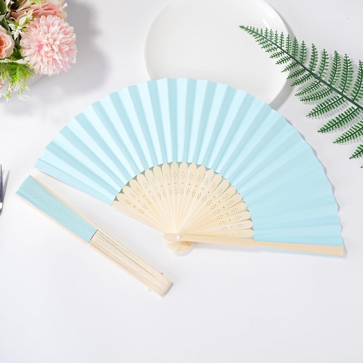 50pcs Blue Paper Hand Fan Bamboo Folding, Handheld Paper Folded for Wedding Party and Home Decoration