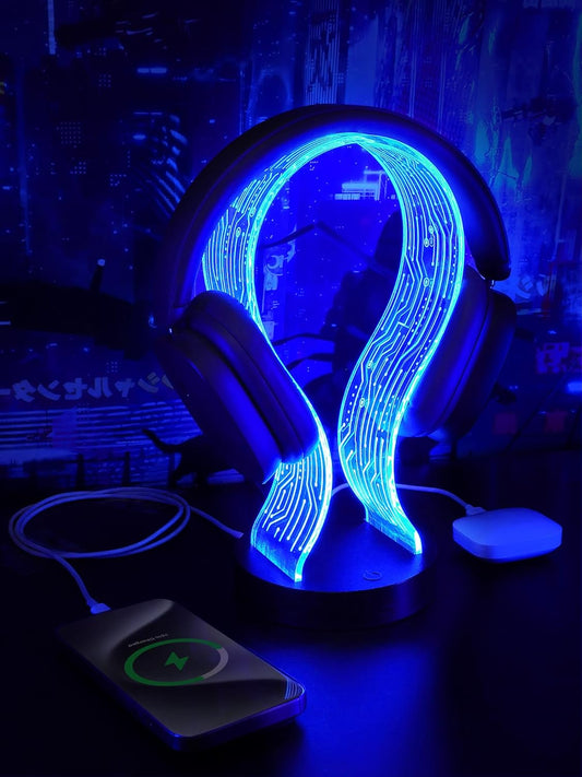 Light Up Headphone Stand with 16 Color Lights, PCB Pattern Acrylic Headset Stand with 1 USB and 1 Type-C Charging Ports, Gifts for Gamers Men and Music Lovers