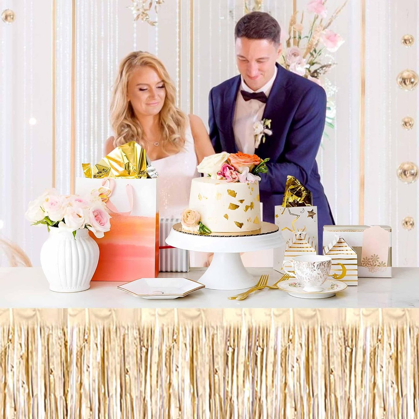 3 Pack 29 x108 Inch Champagne Gold Foil Fringe Table Skirts Metallic Banner for Tinsel Streamer Garland Backdrop for Parade Floats Mother's Day, Graduate, Birthday, Wedding Party Decoration