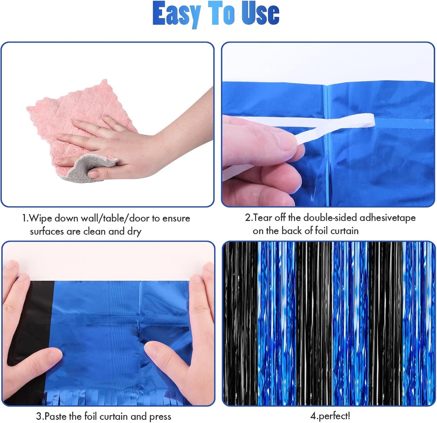 CANREVEL 2 Pack 3.3x8.2 Feet Black and Blue Foil Fringe Backdrop Curtains, Tinsel Streamers for Ocean Birthday Party Decorations, Graduation, Halloween, Under The Sea, Disco Party