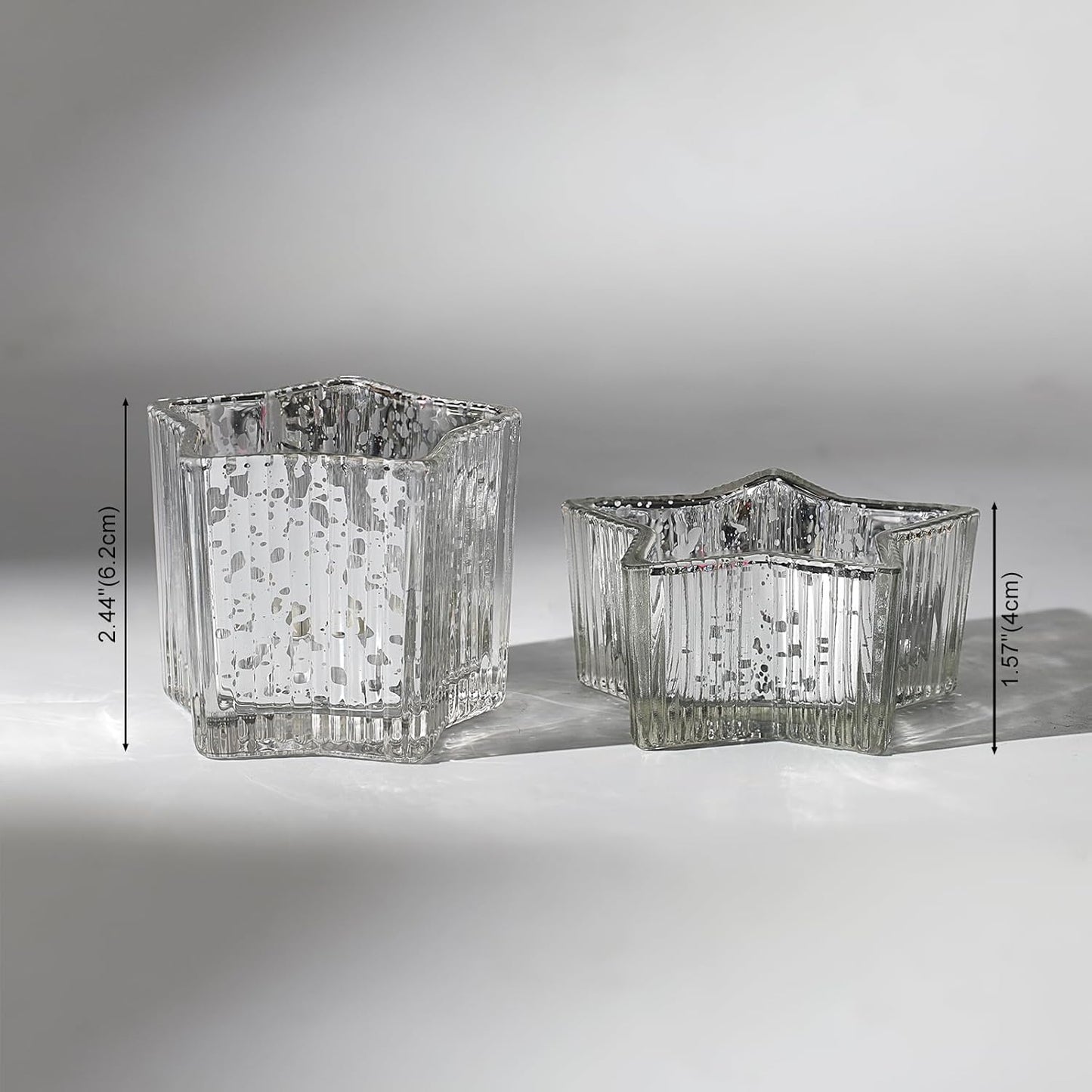 Letine 10pcs Silver Ribbed Star Candle Cups - Assorted Height Tea Light Holders, Votive Candle Holders forWedding, Fall Table Centerpiece, Mercury Glass Lucky Star Jar Decor(Tall 2.44", Short 1.57")