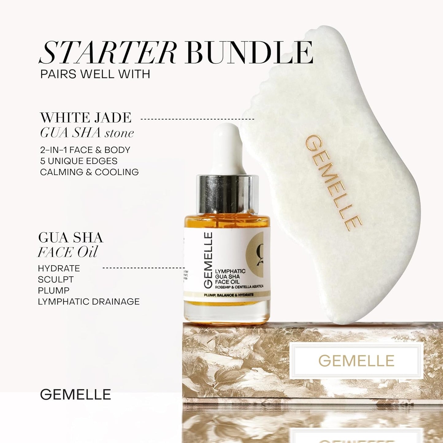 GEMELLE 2-Pack Whtie Jade Gua Sha Tool + Face Oil Set | Face & Body | 10x Award Winner | Gua Sha Stone Kit | Hydrate, Plump, Sculpt | Face Sculpting Tool, Lymphatic Drainage Massager, Guasha Tool
