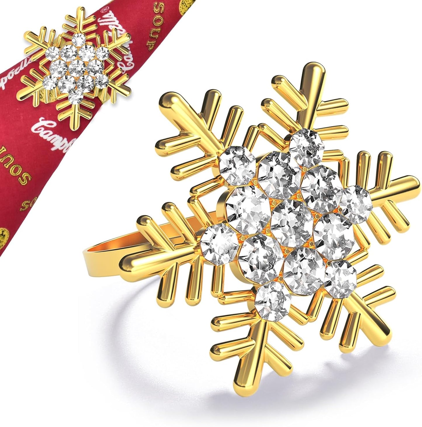 Halatool Christmas Napkin Rings Set of 8, Gold Snowflake with White Rhinestone Napkin Holder for Christmas Thanksgiving Winter Holiday Place Setting, Weddings, Party Table Decoration