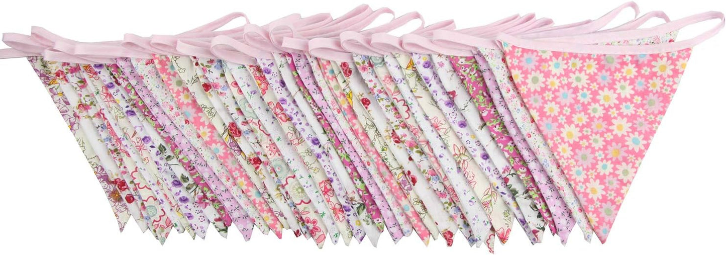 10M/32Ft Triangle Bunting Banner, 36 Pcs Cotton Fabric Flags Pennant Garlands for Birthday Party, Wedding, Baby Shower, Outdoor and Home Decorations (Pink)