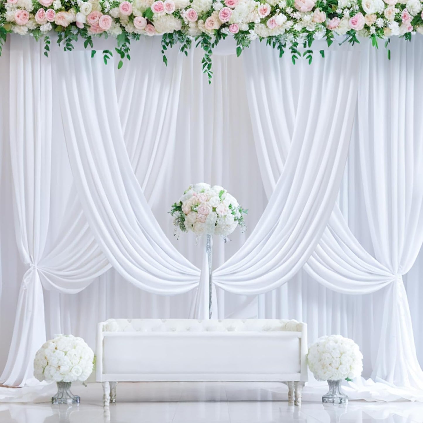 60ft x 15ft White Wrinkle Free Backdrop Curtains for Parties,Silky Polyester Fabric Wedding Ceiling Drapes, 12 Panels 15ft Photo Back Drop Drapes for Baby Shower Photography Stage Background Cloth