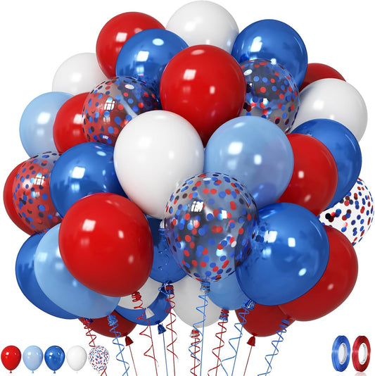 Red White Blue Balloons, 12 Inch Pearl Metallic Blue Red White Confetti Latex Helium Balloon for Royal Patriotic Platinum Jubilee Baseball Nautical Birthday Baby Shower Graduation Party Decorations