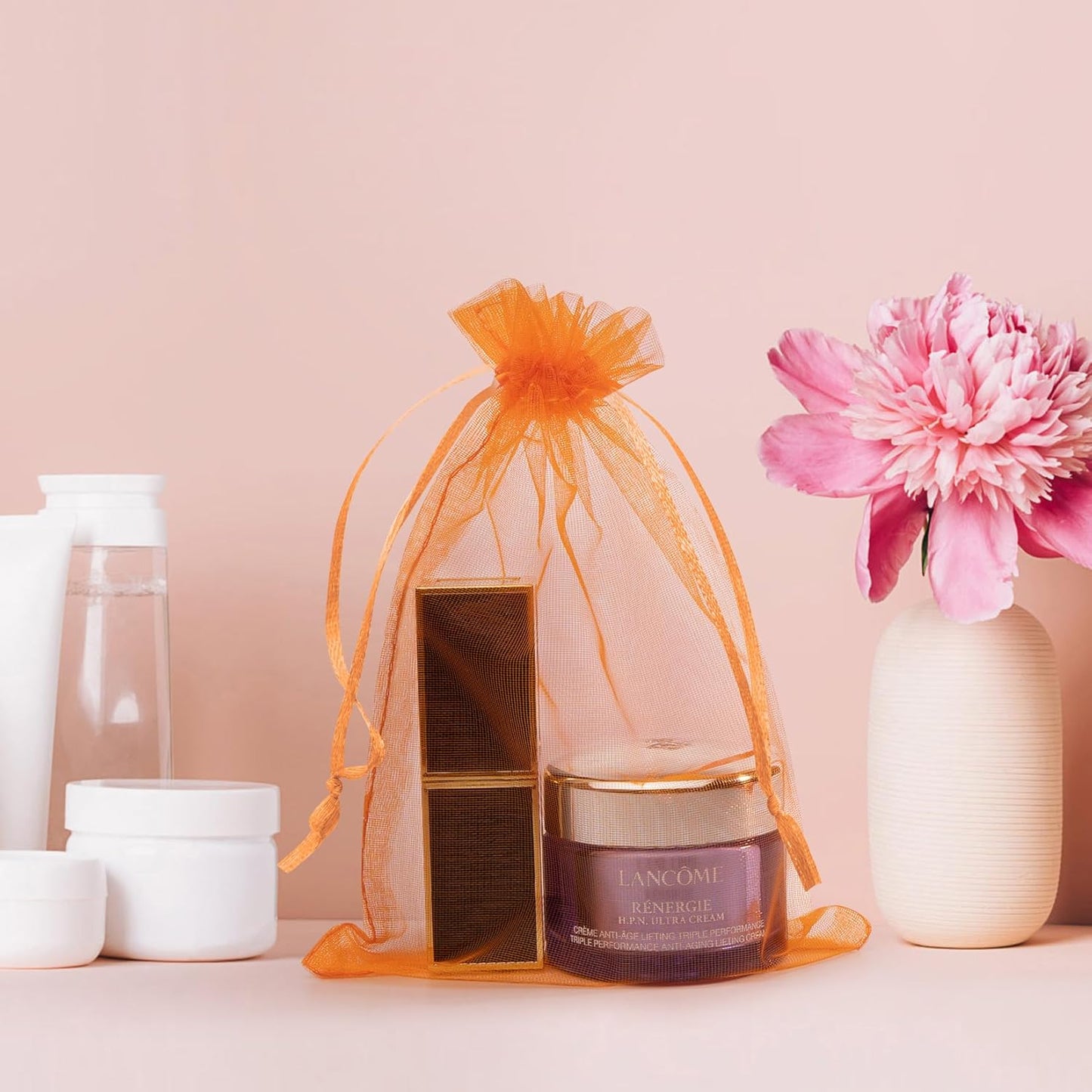 50 Pcs Orange Organza Bags 5x7 Inch, Small Mesh Drawstring Bags Organza Gift Bags Candy Bags Favor Bags for Birthday Party Halloween